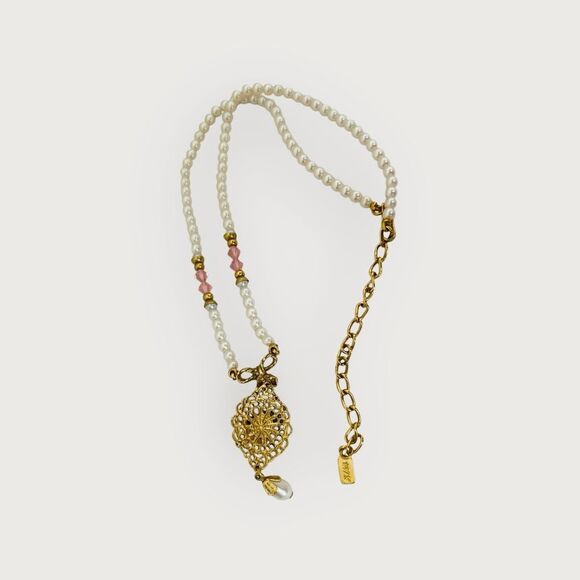 Vintage 1928 pink crystals/porcelain flower & faux pearl chocker gold tone - Picture 5 of 7